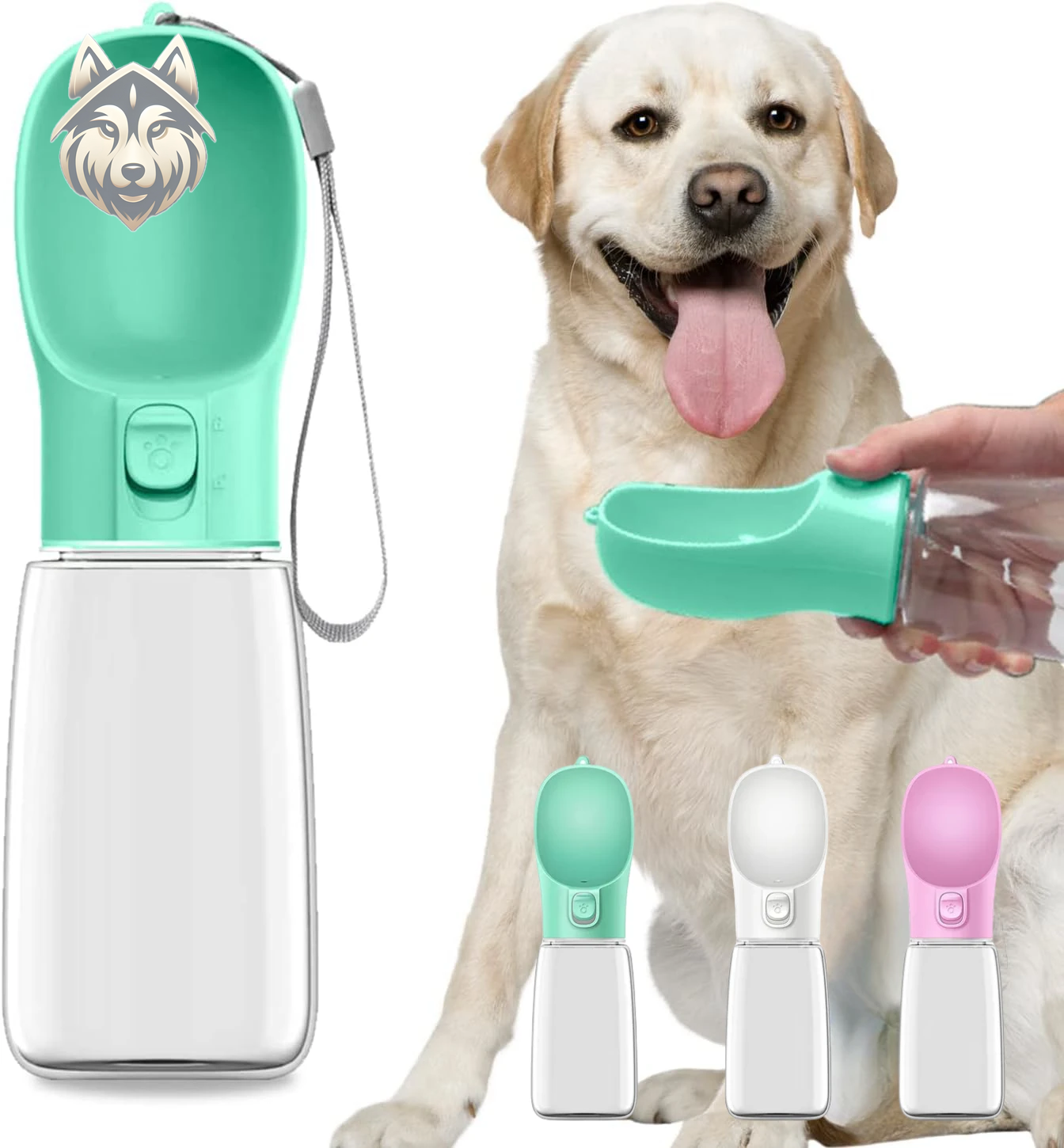 Pet water bottle with a dog and additional bottles displayed.
